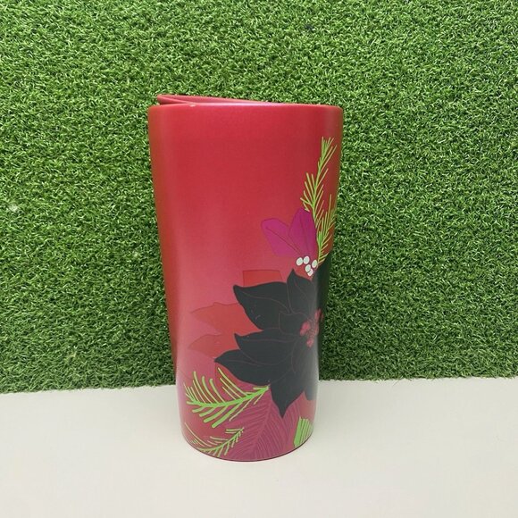 Starbucks Holiday Poinsettia Ceramic Red Tumbler Travel Mug 10 Oz 2021 - Picture 3 of 6
